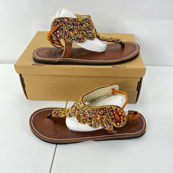 Genuine Leather Thong Beaded Sandals size 41 - Picture 1 of 6